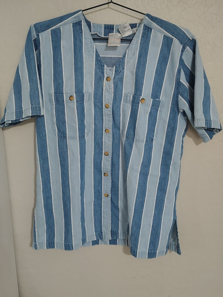 Vintage Erika Blues White Blue Striped Chambray Short Sleeve Button Up Shirt M