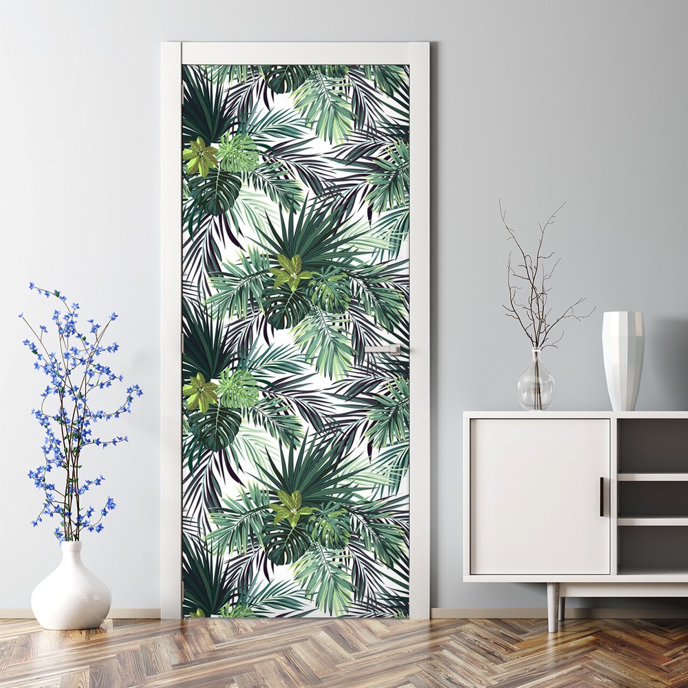 Tropical Green Leaves Bubble Free Door sticker self adhesive peel & stick home