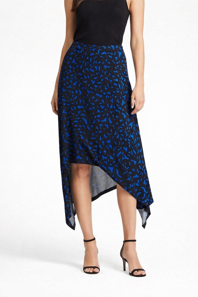 New Directions Black Blue Abstract Print Handkerchief Hem Skirt Women’s M NWT