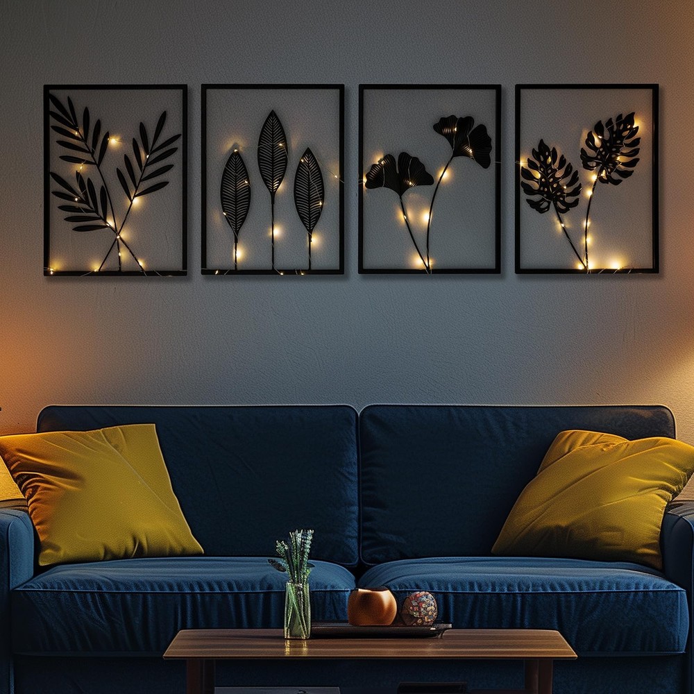 QXSXKJ Black Metal Wall Decor Framed, 3d Modern Metal Wall Art with Light, Mi...