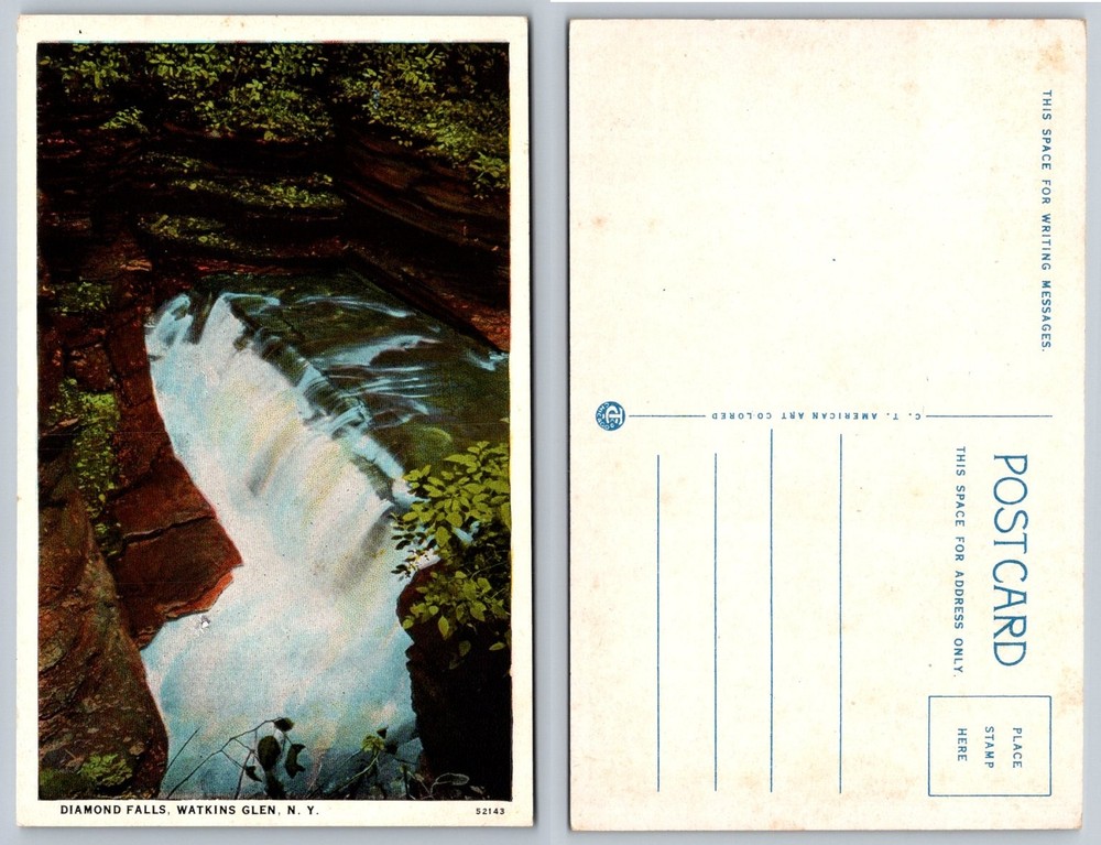 Diamond Falls Watkins Glen NY Vintage Linen Postcard C.T. American Art