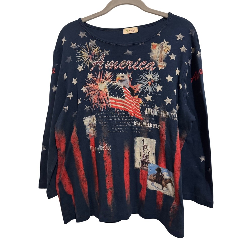 Cactus Womens Navy Patriotic Graphic Top Rhinestones Y2K Vintage Bling Size XL