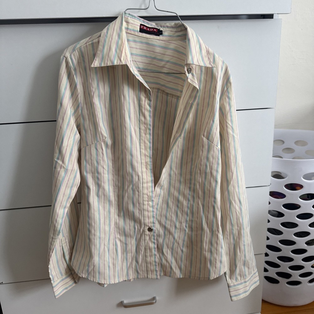 prada pink and blue and gold vertical strip blouse