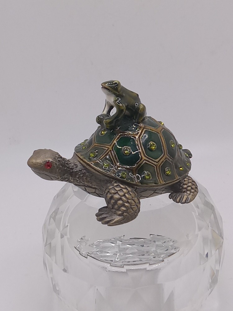 Bejeweled Crystal Enameled Turtle & Frog Hinged Magnetic Clasp Trinket Box