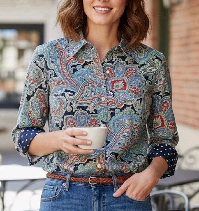 Chaps Size S Blouse Paisley Button Up No Iron Multicolor Career Classic Chic