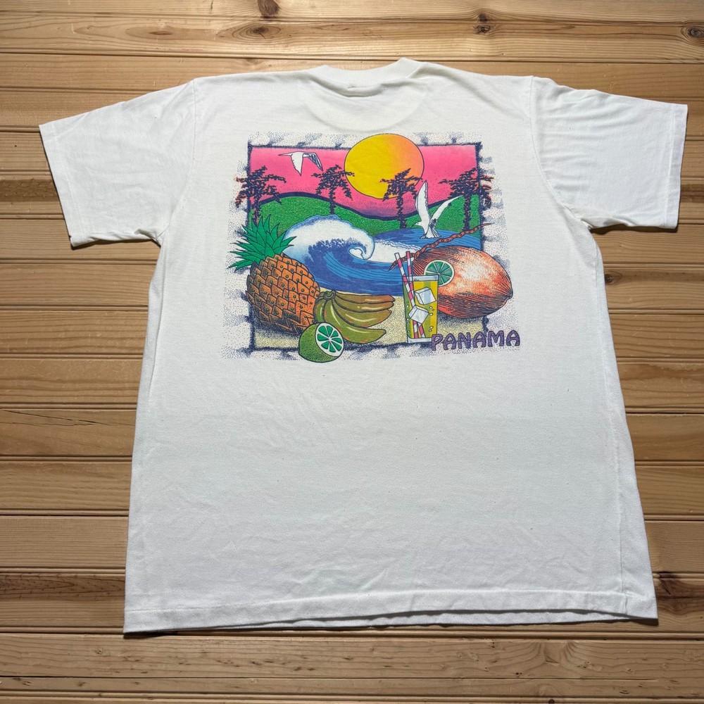Vintage 90s Palm Tree Inn Panama Beach Tropical Surf Art Souvenir T-Shirt - XL