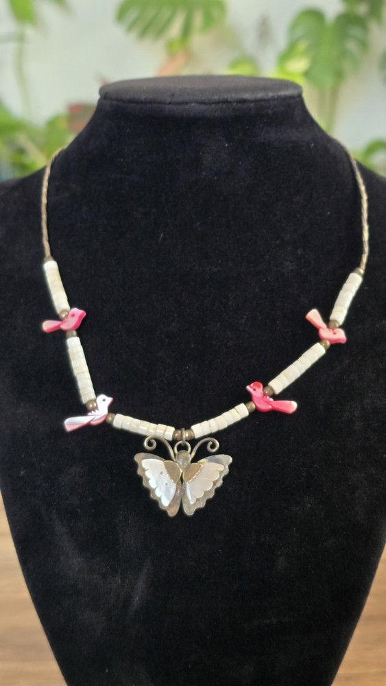 Vintage Silver Mother Of Pearl Butterfly Pink Bird Shell Bead No Hook