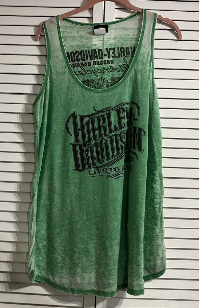 Harley Davidson Shirt Womens XL Bejeweled Green Tie Dye Tank Top BAHAMAS