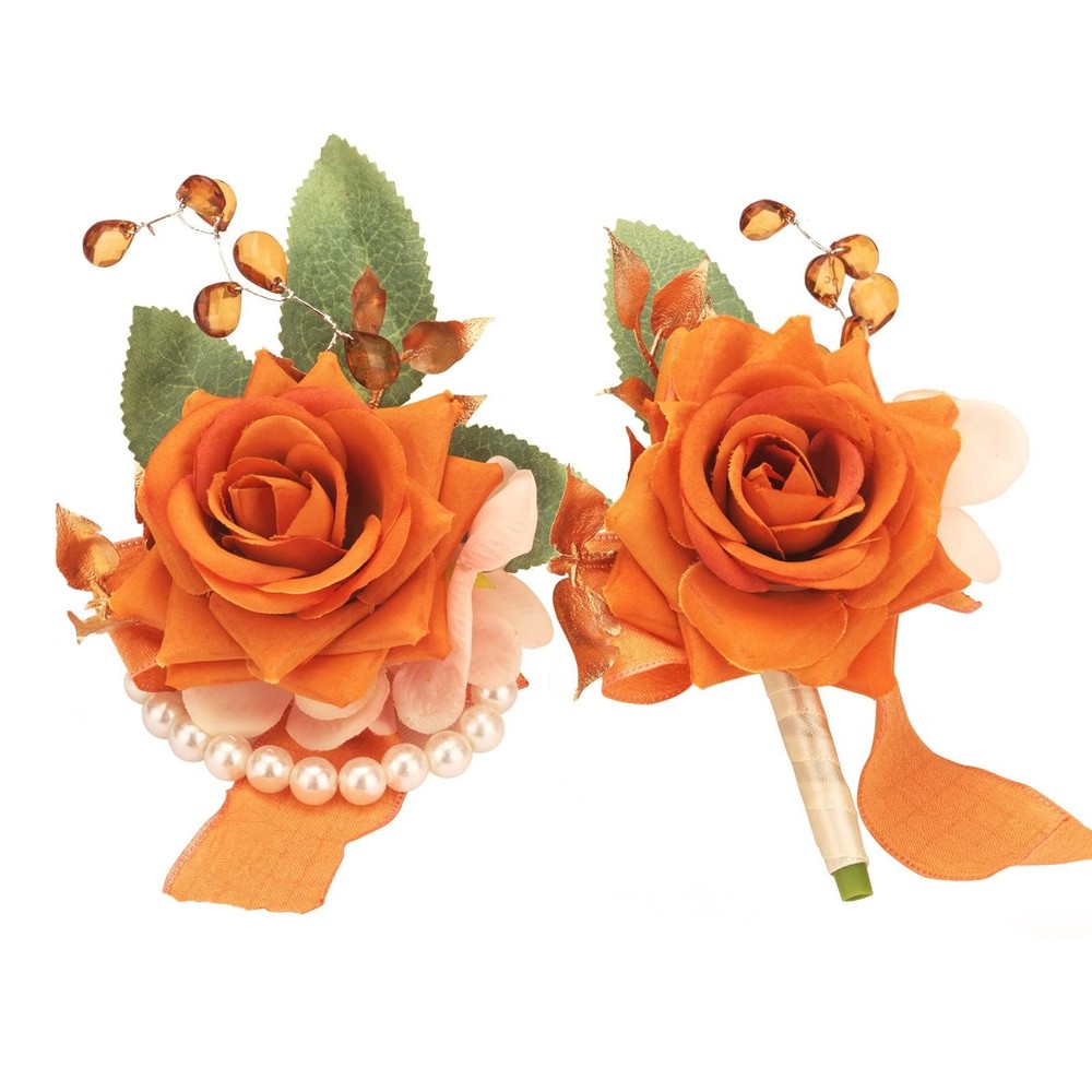 Burnt Orange Rose Wrist Corsage and Boutonniere Set Artificial Prom Flower Co...