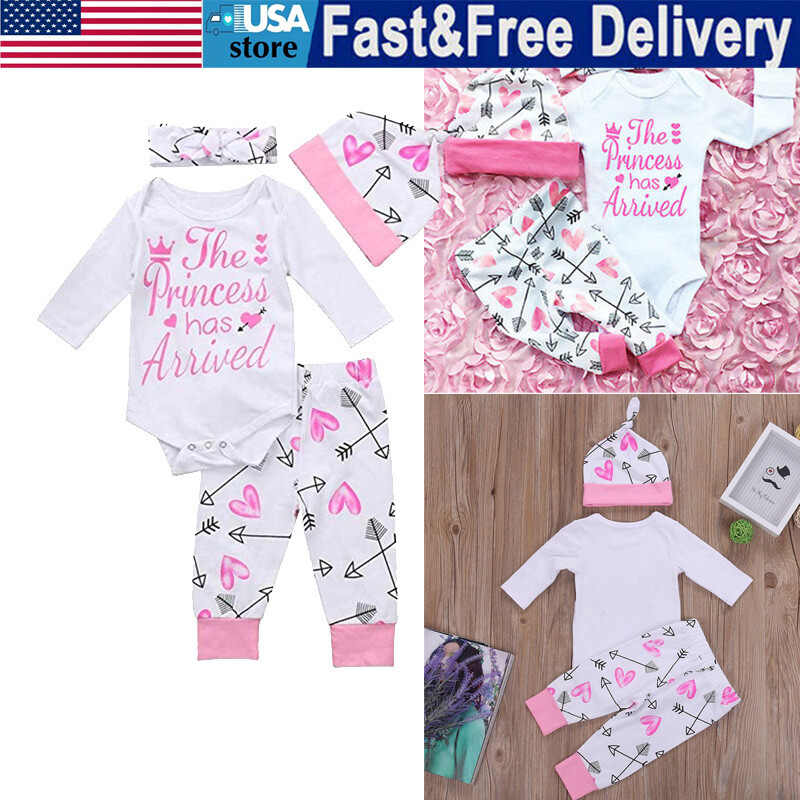 Newborn Baby Girl Clothes Long Sleeve Letter Romper Bodysuit Pants Hat Outfits