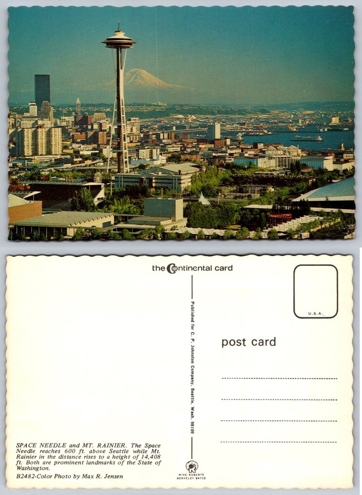 Seattle Space Needle Mt Rainier Skyline Postcard Continental Card Max R Jensen