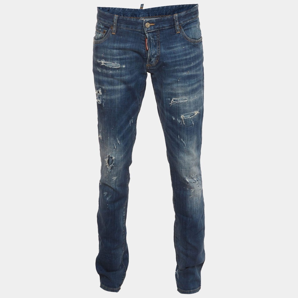 Dsquared2 Blue Paint Splatter Distressed Denim Slim Fit Jeans XLWaist 38