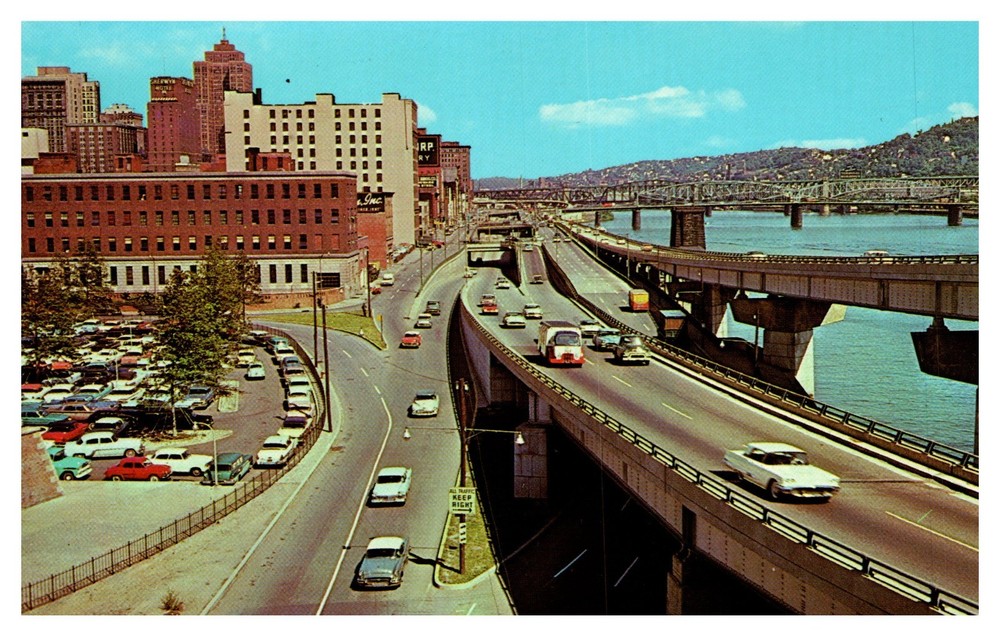 Pittsburgh PA Pennsylvania Aerial View Fort Pitt Boulevard Chrome Postcard