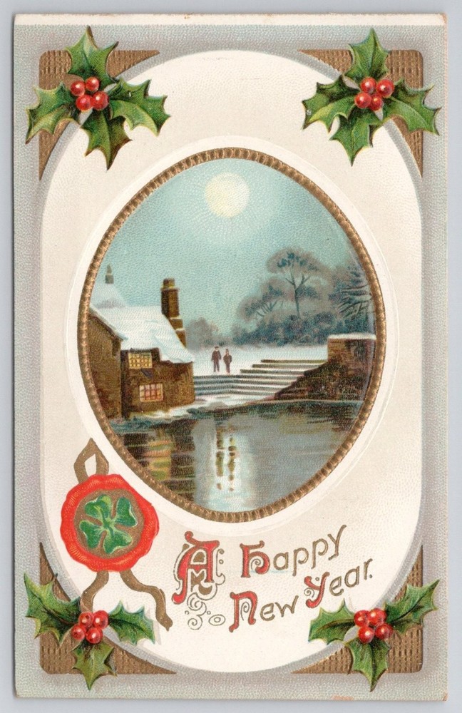 1907 A Happy New Year Postcard - Winter Scene, Embossed Holly, Germany