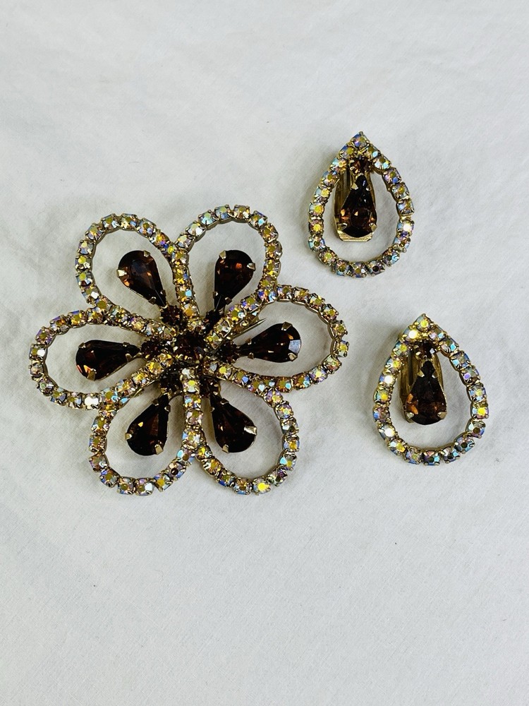 Vintage Amber and Aurora Borealis Rhinestone Brooch and Earrings Set