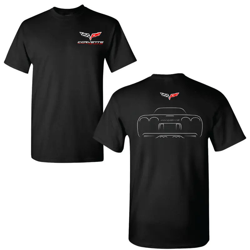 Corvette C5 Outline T-Shirt ? Classic Front Sketch Graphic Tee with Corvette Fla