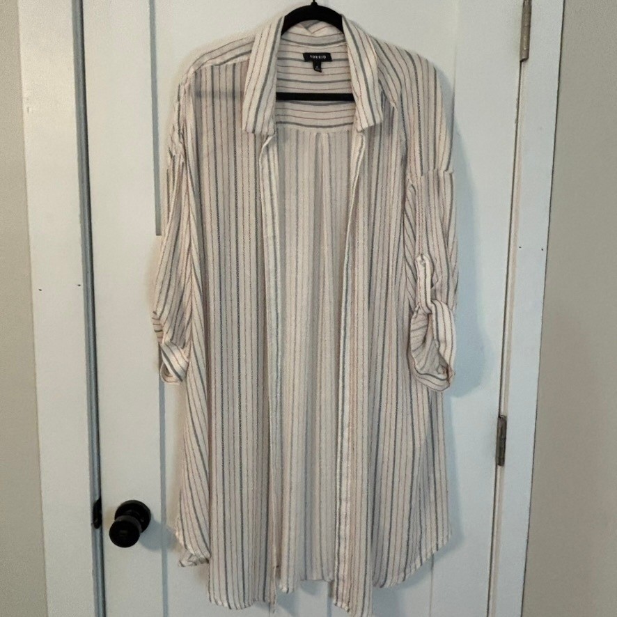 Torrid Women 4 Cream Striped Roll Tab Sleeve Longline Duster Open Cardigan Beach