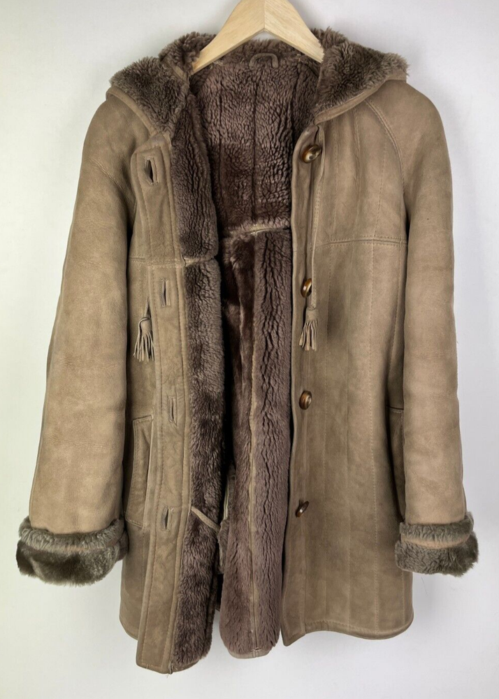 REAL SHEARLING SHEEPSKIN COAT UK Size 12 (US 8) Women`s Hooded Winter Jacket