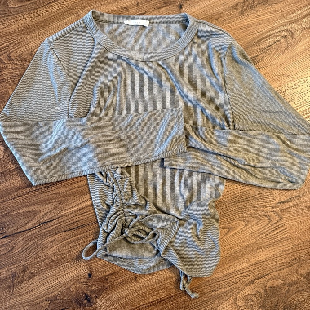 LUSH Gray-Green Knit Long Sleeve Ruched Drawstring Crew Neck Top Women's Size M