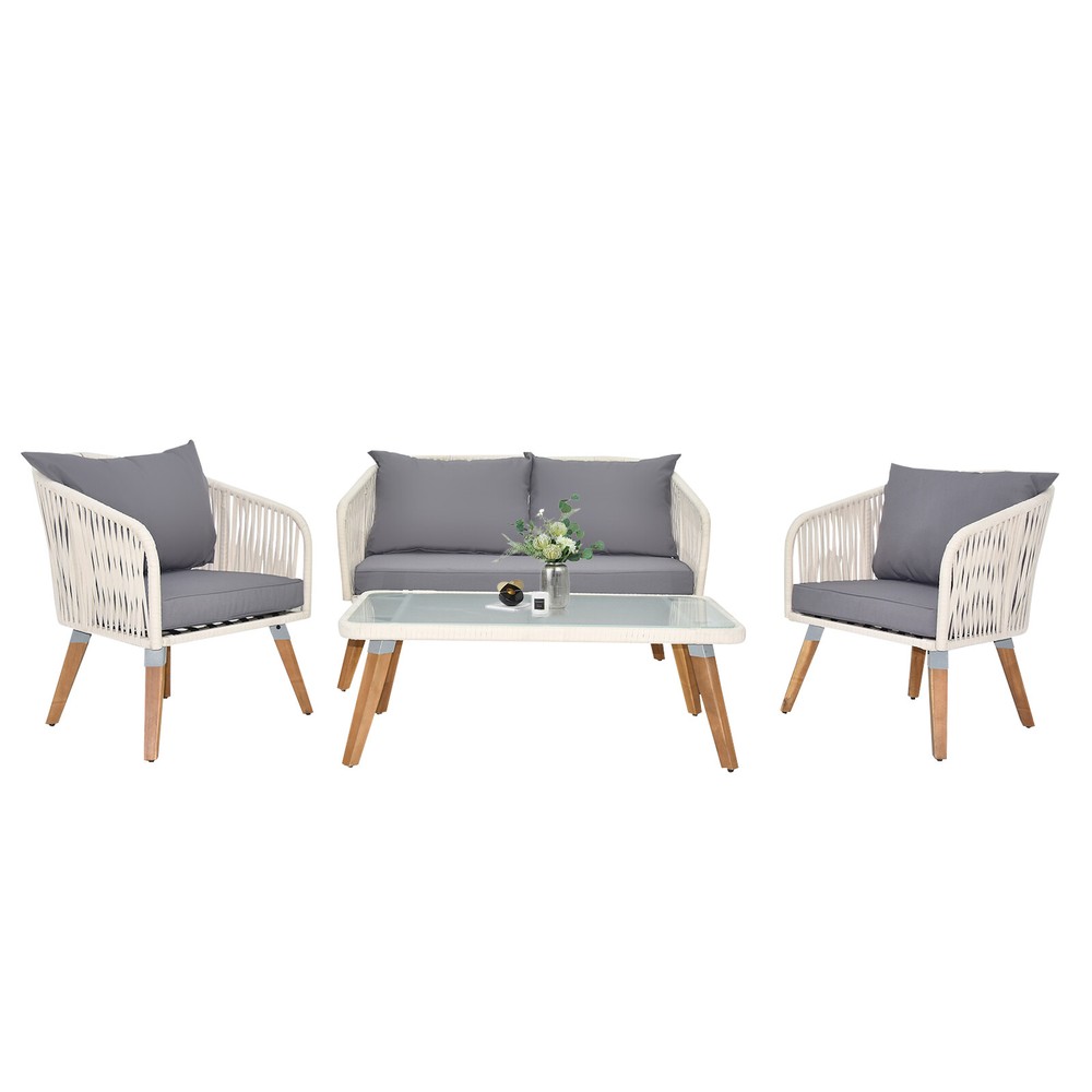 Acacia Wood Patio Furniture Set with Rope Sofa and Coffee Table Modern Outdoor-image