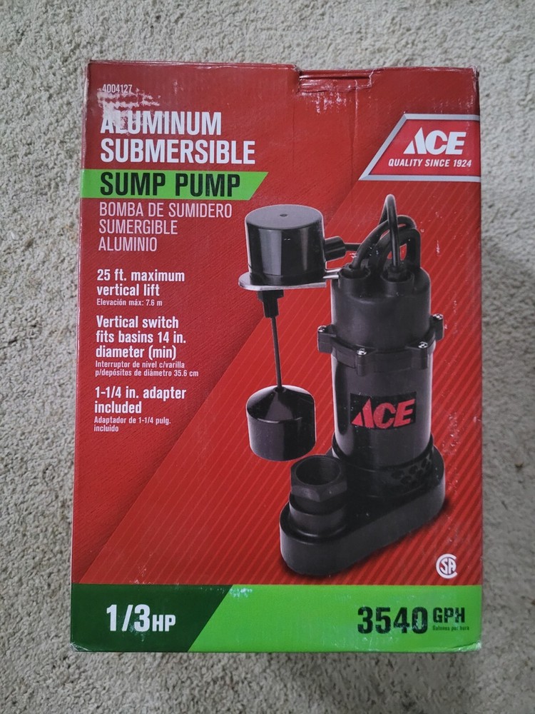 Ace 1/3 HP Vertical Float Switch Sump Pump 3540 GPH Black Aluminum-image