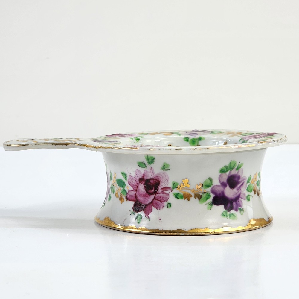 Vintage Hand Painted Teabag Holder & Underplate Bowl Strainer Floral Porcelain