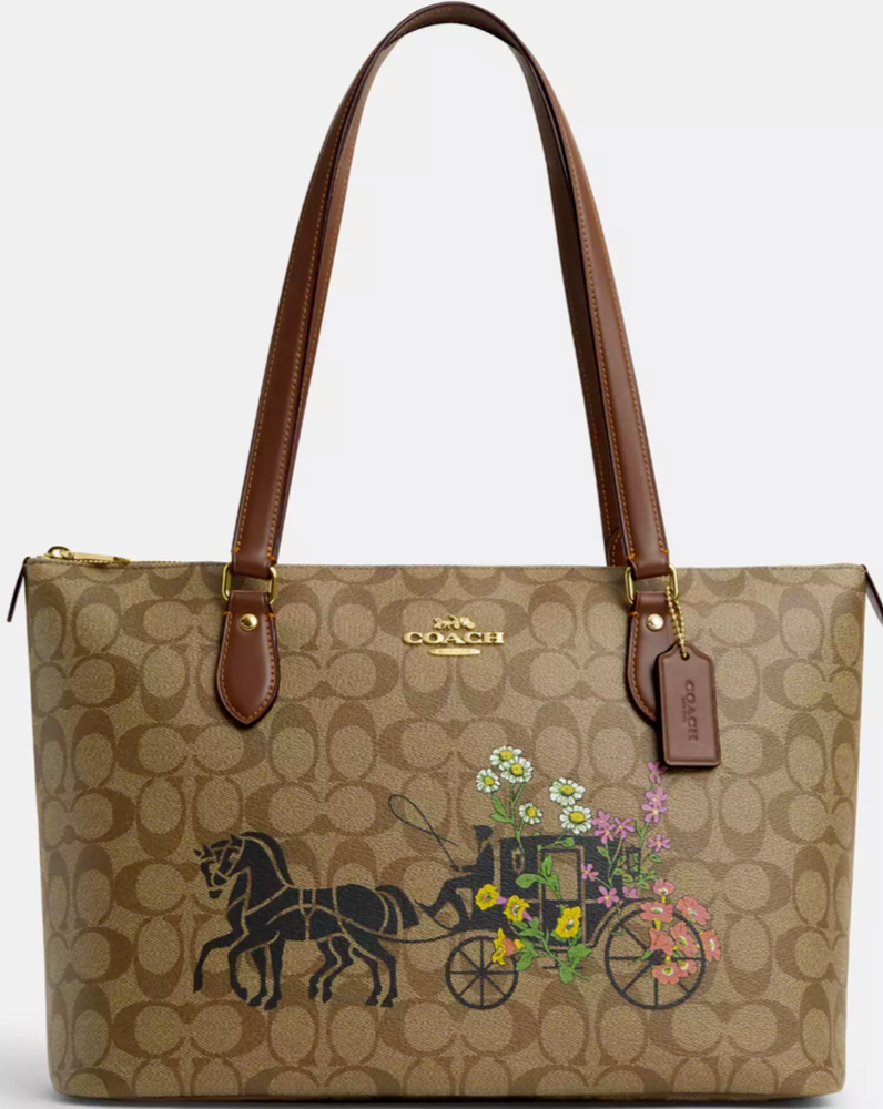 Coach Signature Canvas Tote with Floral Horse & Carriage Design and Charm
