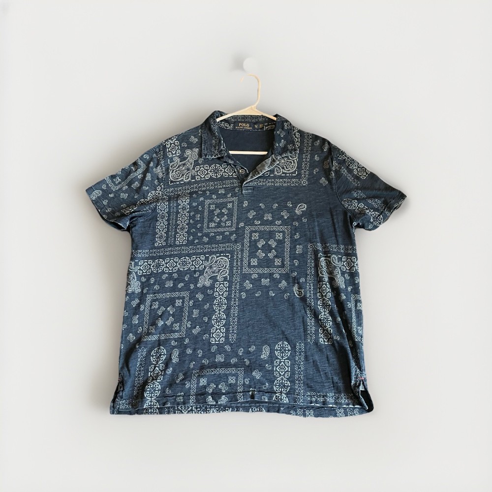 Polo Ralph Lauren Bandana Paisley Print Indigo 1/4 button Shirt Mens XL Blue