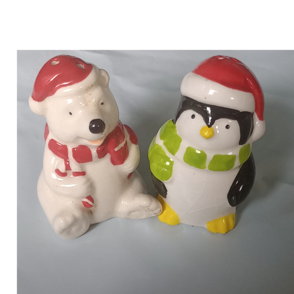 Ceramic Polar Bear & Penguin Christmas Salt and Pepper Shakers Novelty