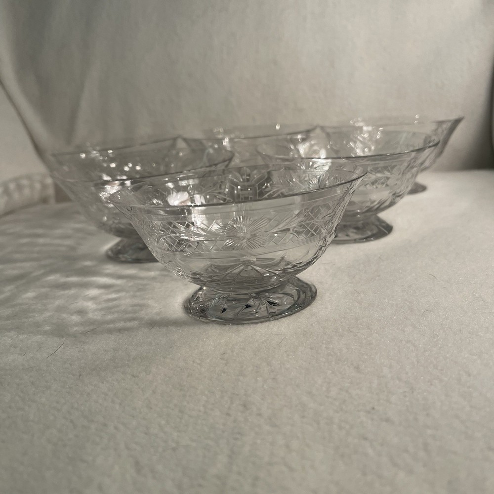Vintage Clear Crystal Footed Berry Bowls with Etched Floral Design
