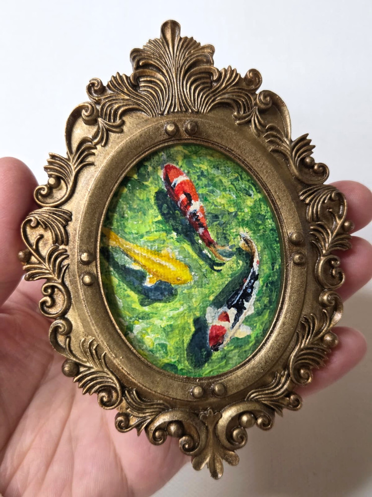 Original Koi Fish Lake Pond Mini Framed Painting Decor 4.5 x 3.4 Wall Art Gift