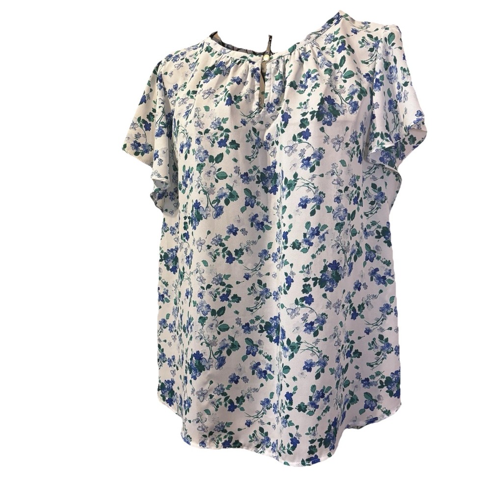 Liz Claiborne  Blue & Green Floral Top Ruffled Sleeves Size M