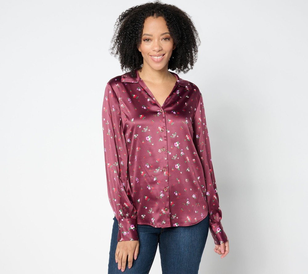 Isaac Mizrahi Live! Women's Top Sz L Estate Printed Sateen Button Red A658686