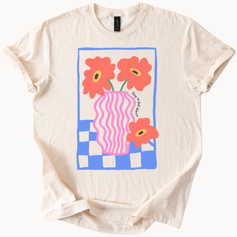 Abstract Floral Graphic T Shirt Pink Wavy Vase Red Flowers Blue Check Art-image
