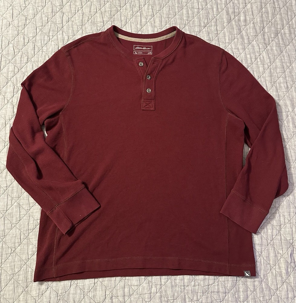 Eddie Bauer Men’s Waffle Knit Henley Shirt XL Burgundy Long Sleeve Casual