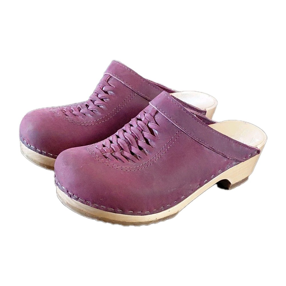 Sven Sweedish Wooden Clogs Leather Front Weave Women's Size 38 Casual Indie Boho