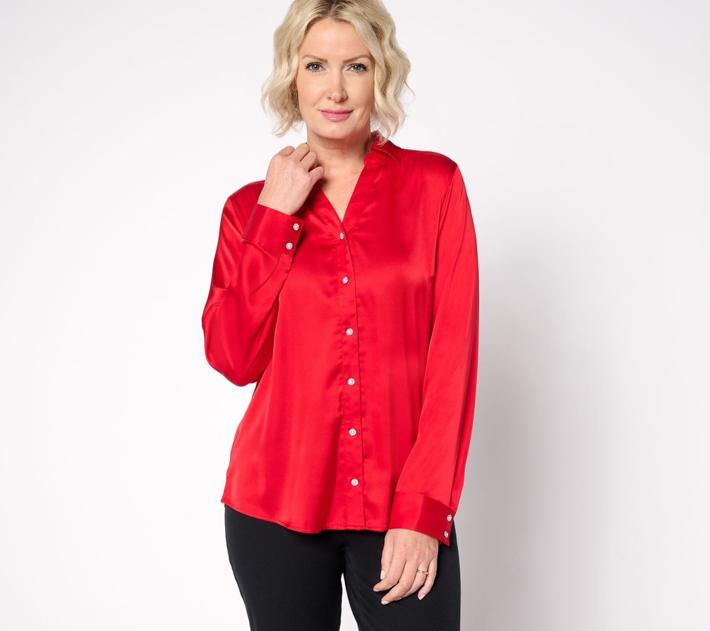 Denim & Co. Women's Top Sz XL Satin Long-Sleeve Button-Front Red A668767