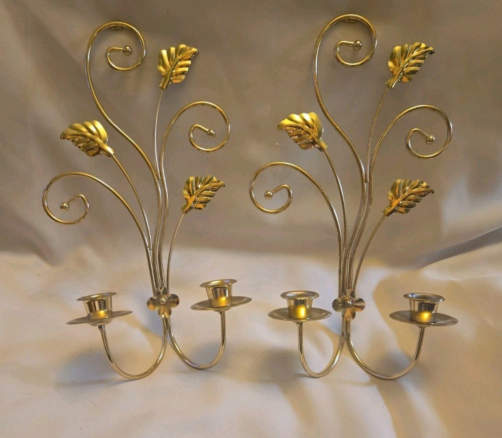 Vtg Pair Home Interiors Gold Tone Double Candle Hanging Wall Sconces