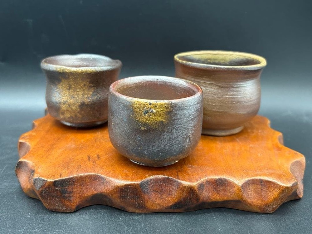 Bizen Pottery Sake Set 3 Pieces Kutani Seal Unused Japan