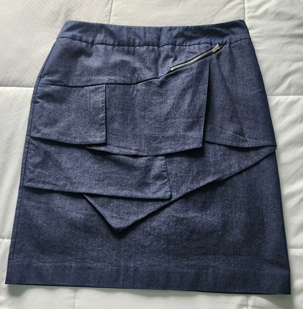 Larry Levine Straight Midi Skirt Womens Sz 12 Layered Denim Knee Length Stretch