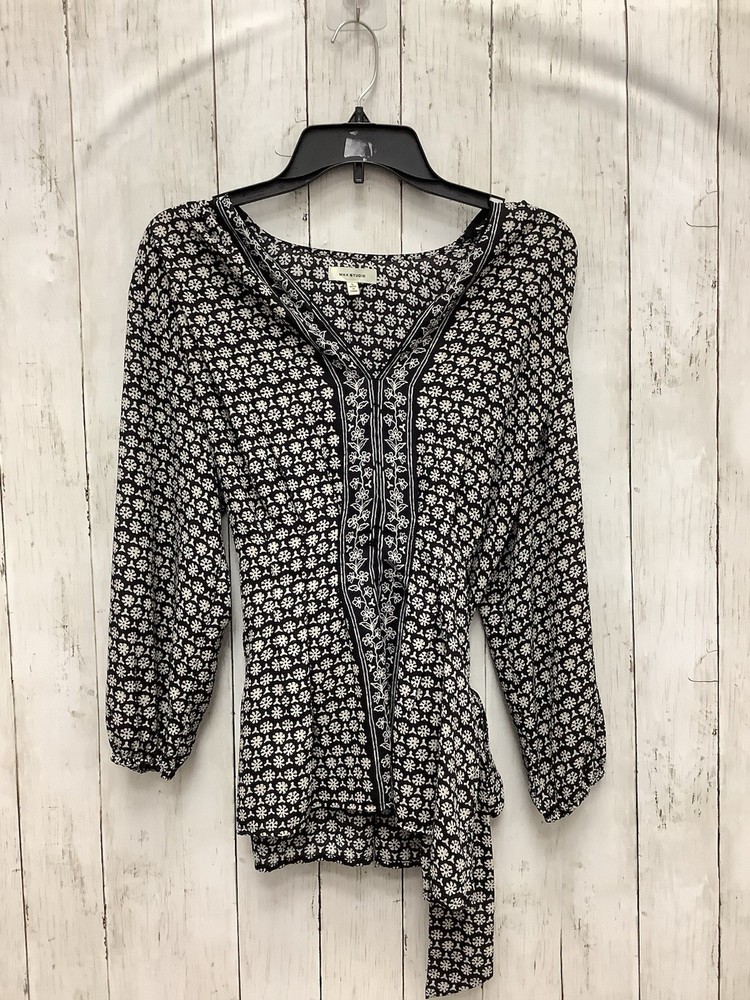 Max Studio Size Large: Black & White Floral V-Neck Belted Blouse with Tie-Waist.