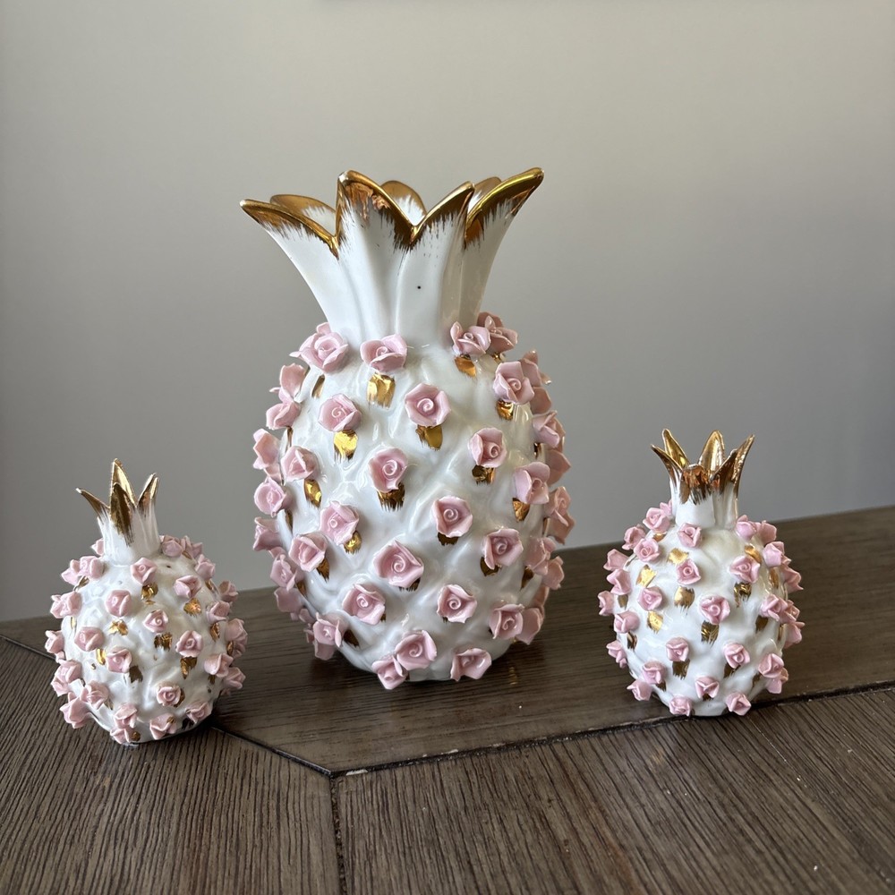 Lefton Pineapple Vase, Salt & Pepper Shakers White Pink Roses Vintage Set Of 3