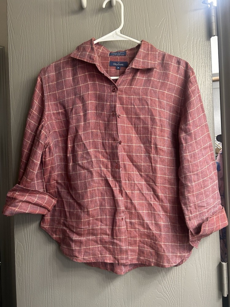 Faconnable 100% Linen Women’s Plaid Button Up Shirt Red And White Size Medium