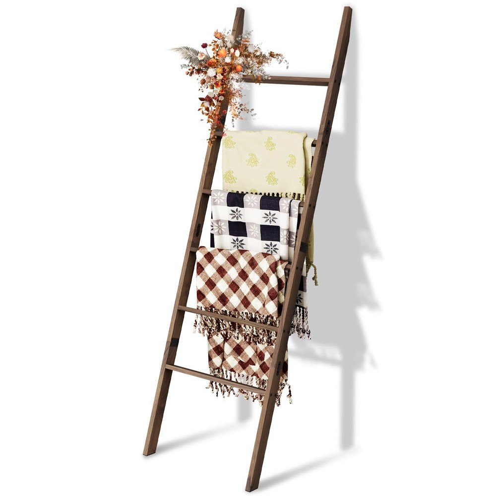 Acacia Wood 6-Tier Blanket Ladder, 5.7FT(66.5'') Blanket Quilt Towel Holder R...-image