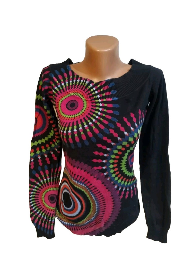 Desigual Womens Black Knit Sweater S Mandala Graphic Art Print Boho Pullover