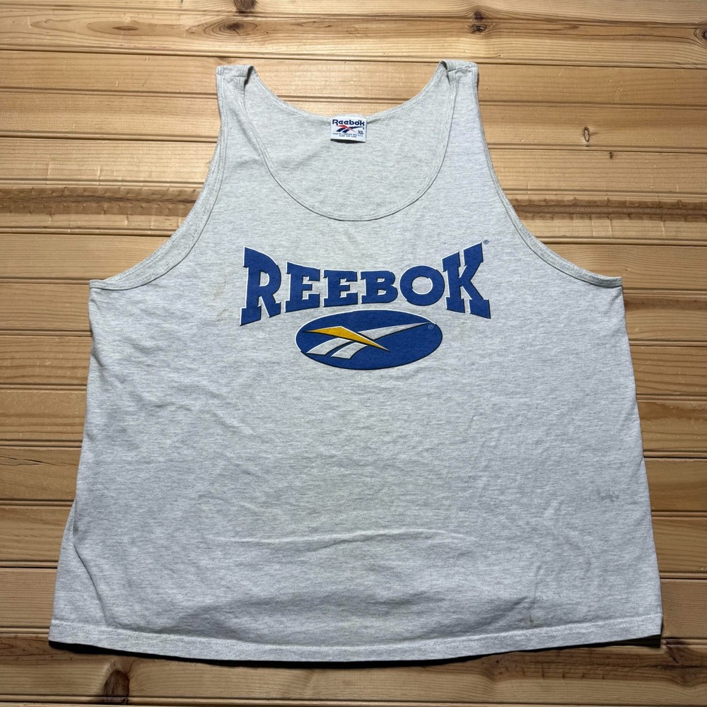 Vintage 90s Reebok Logo Gym Training Graphic Heather Tank Top USA Made Men's XL