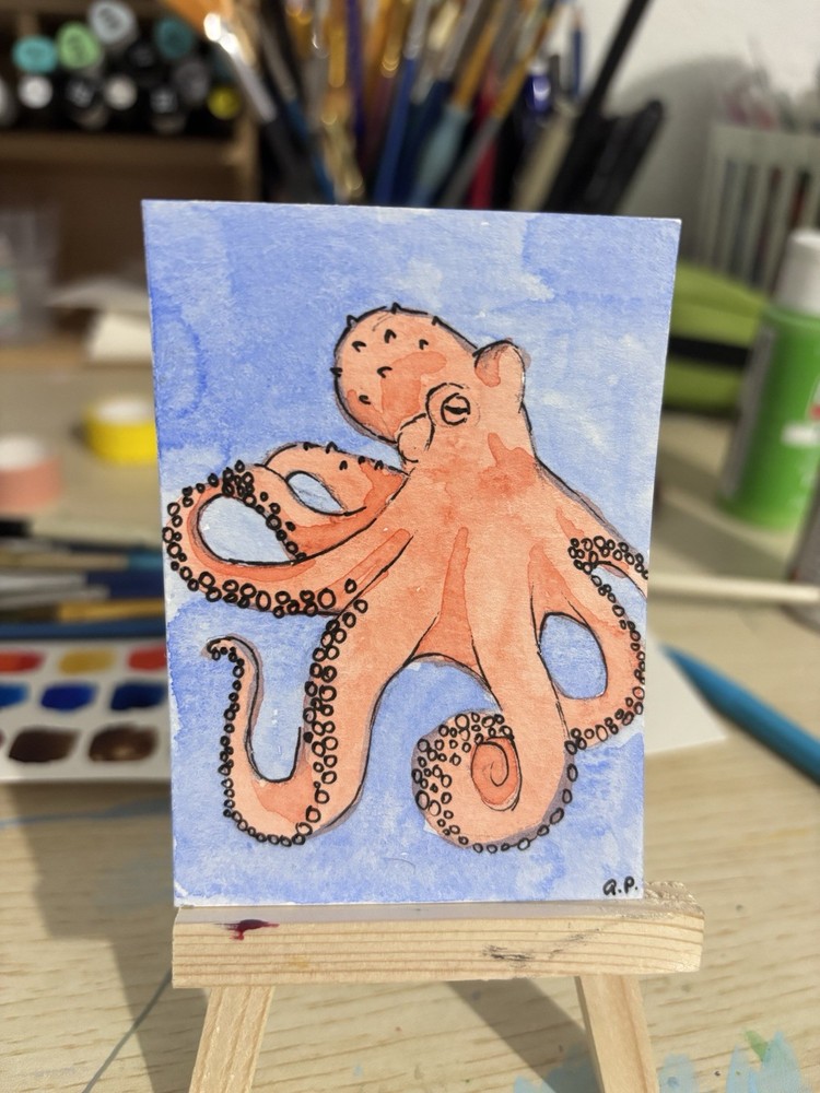 ACEO Original, Octopus Sea Creature, Watercolor Painting