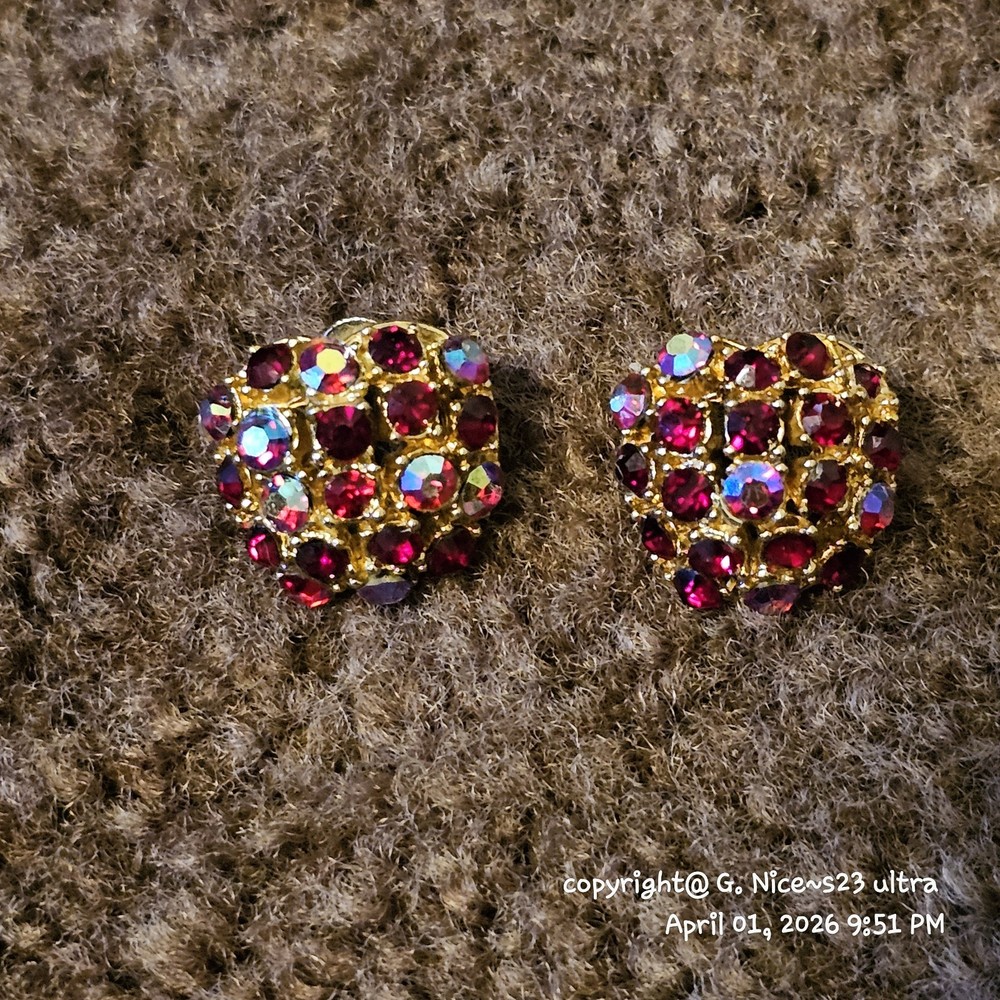 Vintage Coro Apple Shaped Red Ab Rhinestone Screw Back Earrings