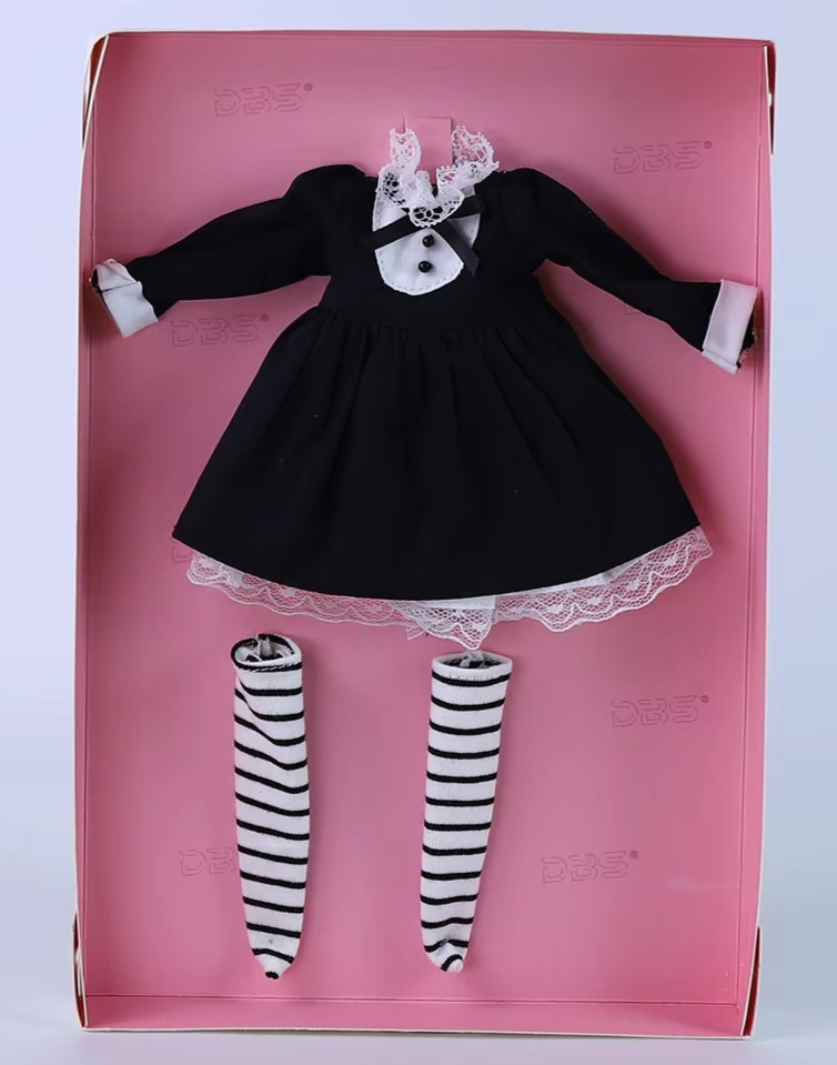 Black Gothic Lace Dress Outfit w/ Striped Knee Socks for Blythe Doll 1/6 BJD