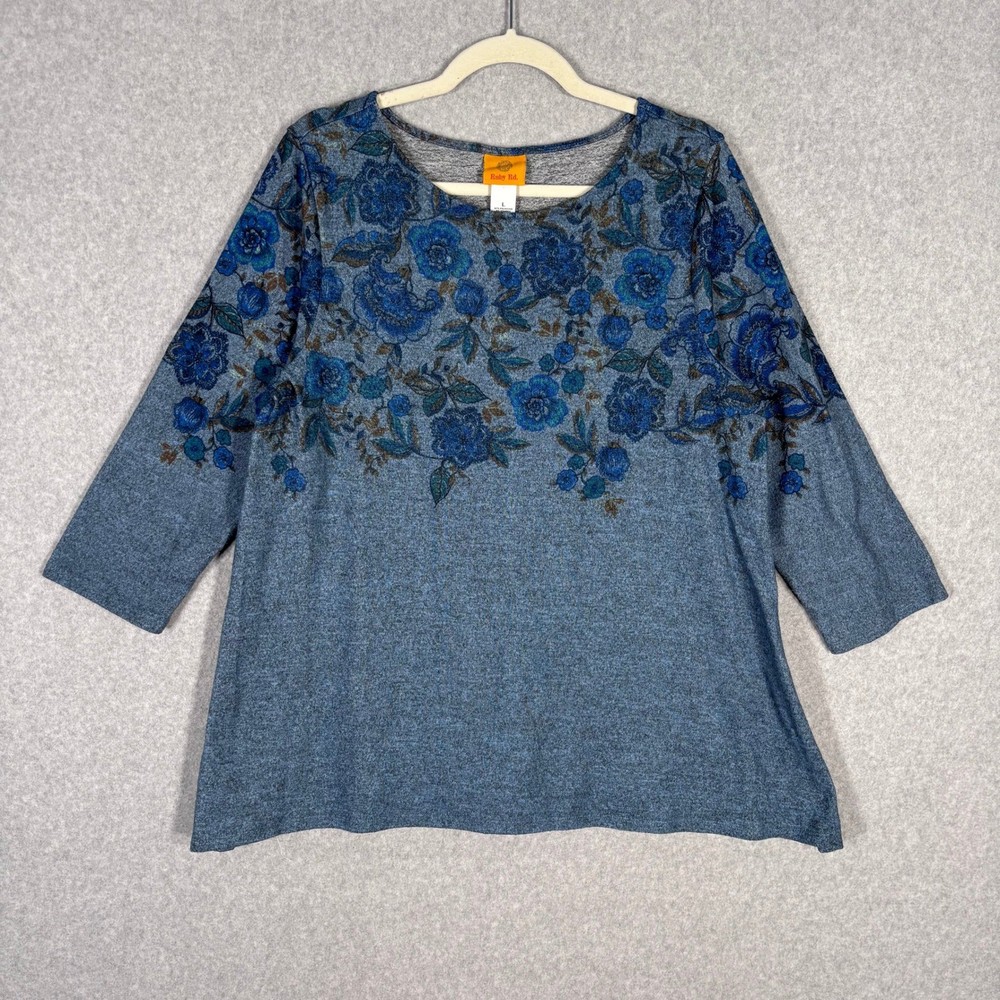 Ruby Rd Tunic Top Large Floral Roses Knit Stretch Flowy Artsy Cottage Farmhouse